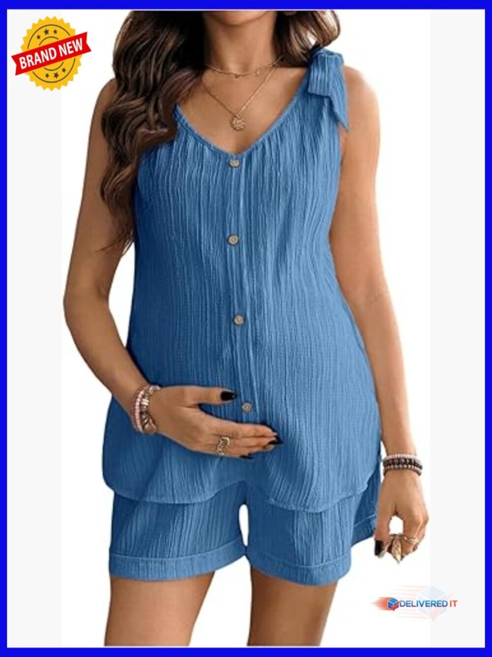 Maternity 2 Piece Outfits Textured Tie Shoulder Button Tank Top Shorts Summer